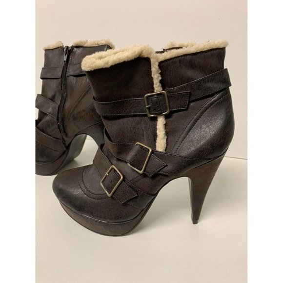 Call It Spring Shoes - Call It Spring 5" High Heel Platform Fleece Lined Booties Brown Women's Size 9